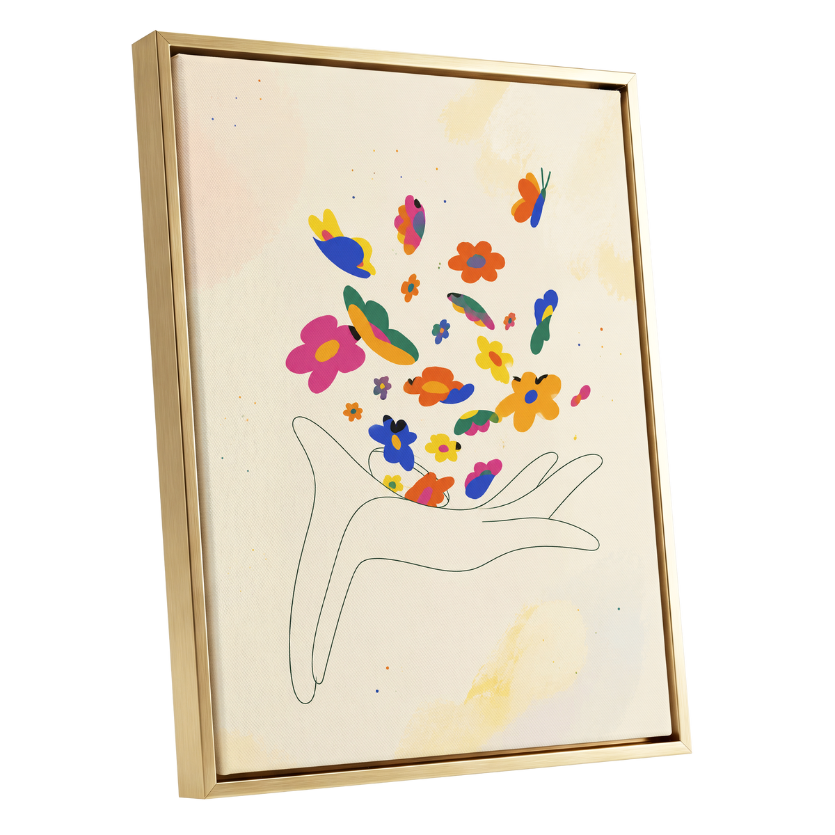 Petals in Flight, beige, pink, blue floral wall art shown as a gold framed canvas wall art