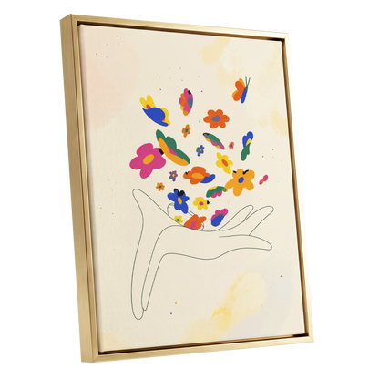 Petals in Flight, beige, pink, blue floral wall art shown as a gold framed canvas wall art