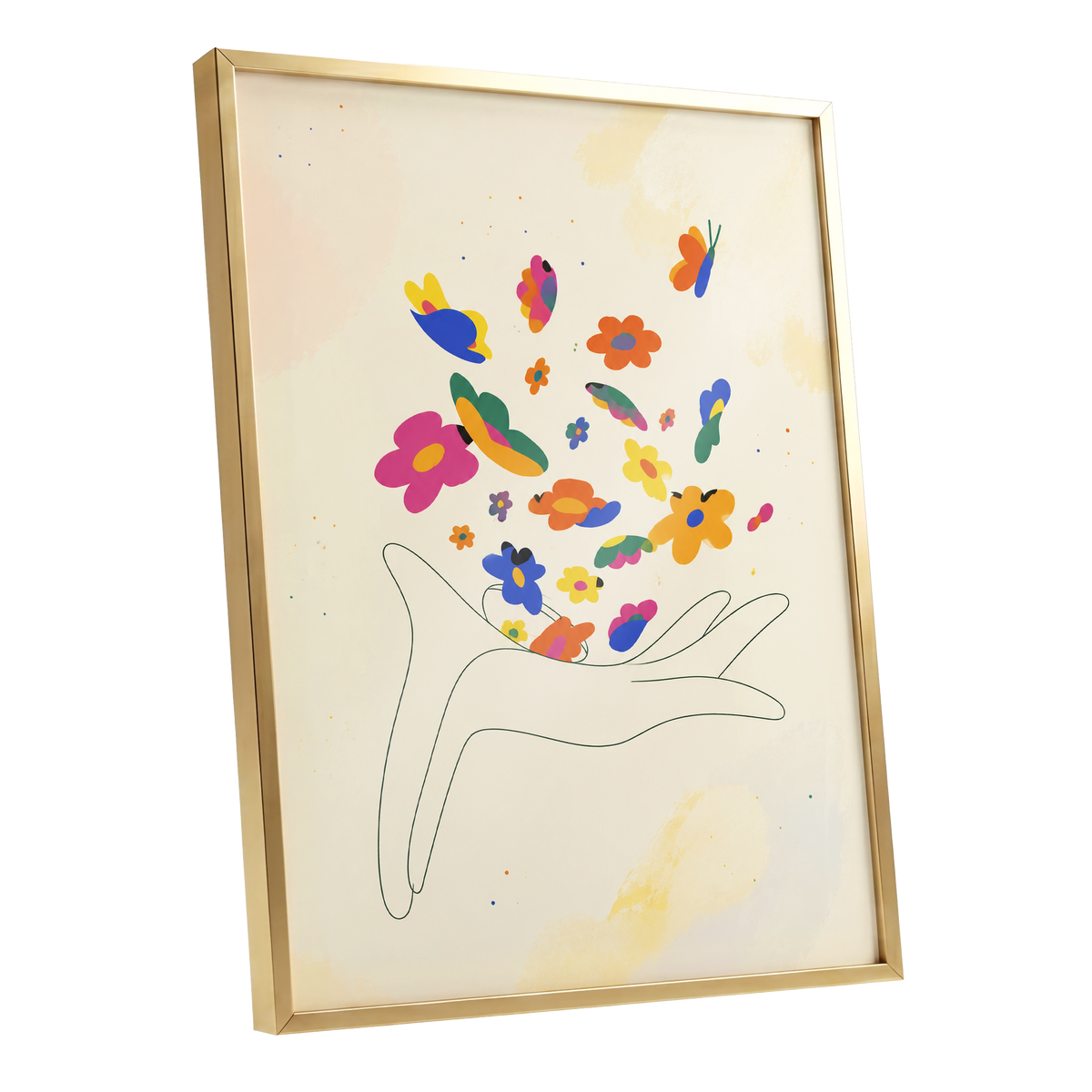 Petals in Flight, beige, pink, blue floral wall art shown as a gold framed poster wall art print