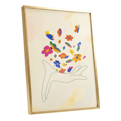 Petals in Flight, beige, pink, blue floral wall art shown as a gold framed poster wall art print