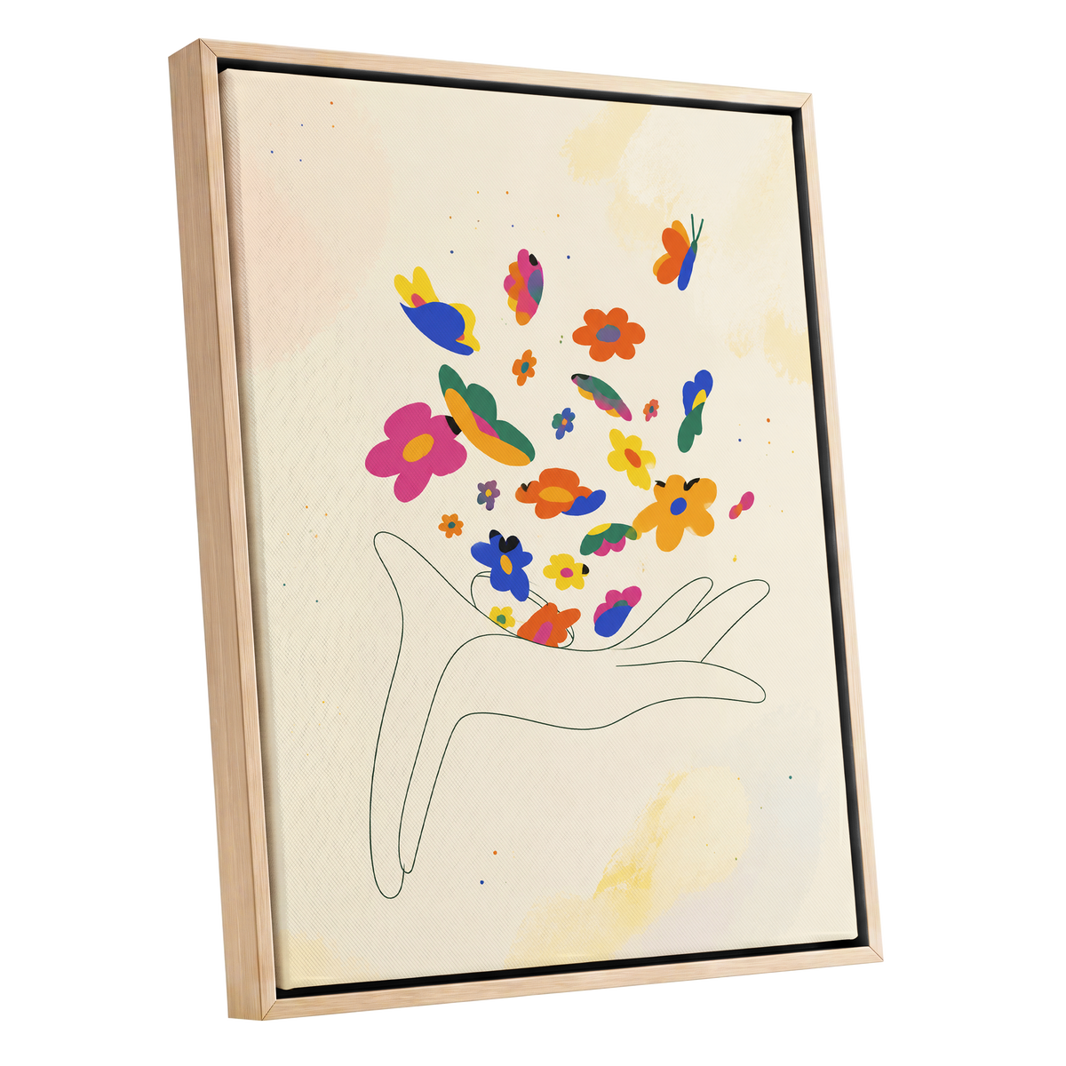 Petals in Flight, beige, pink, blue floral wall art shown as a oak framed canvas wall art