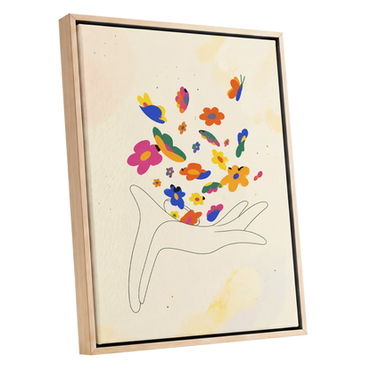 Petals in Flight, beige, pink, blue floral wall art shown as a oak framed canvas wall art