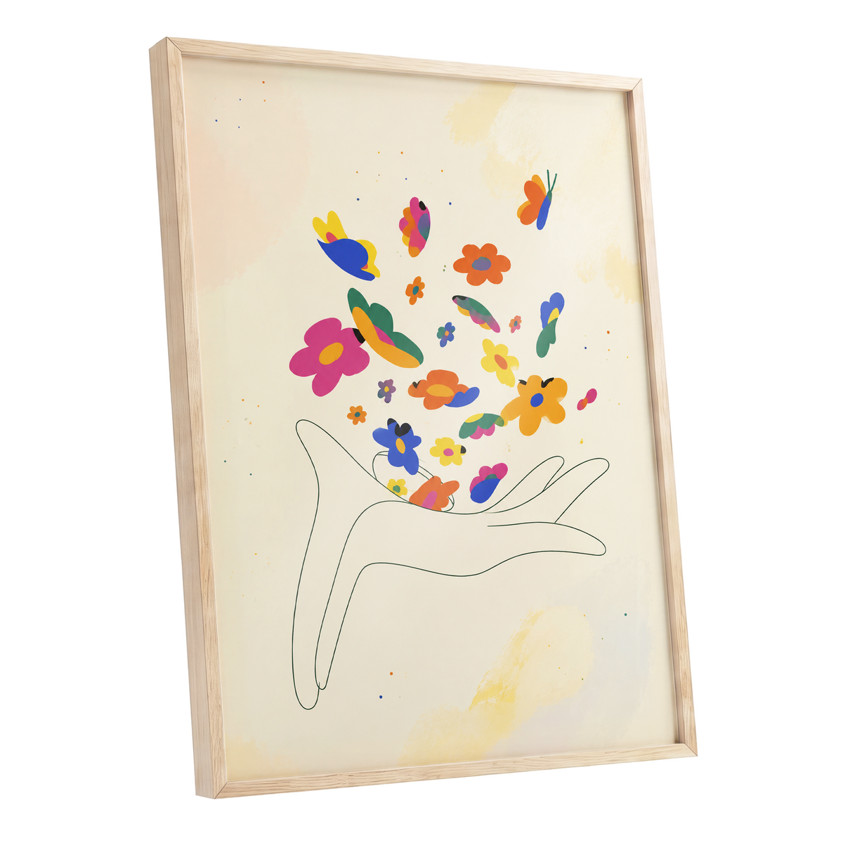 Petals in Flight, beige, pink, blue floral wall art shown as a oak framed poster wall art print