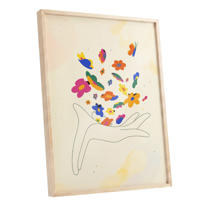 Petals in Flight, beige, pink, blue floral wall art shown as a oak framed poster wall art print