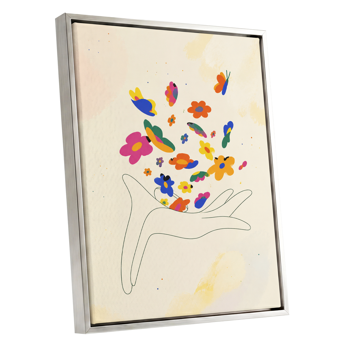 Petals in Flight, beige, pink, blue floral wall art shown as a silver framed canvas wall art