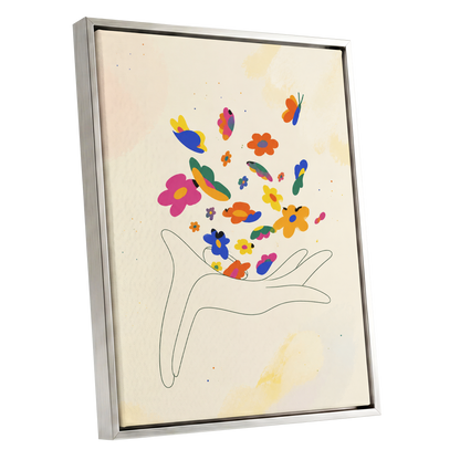 Petals in Flight, beige, pink, blue floral wall art shown as a silver framed canvas wall art
