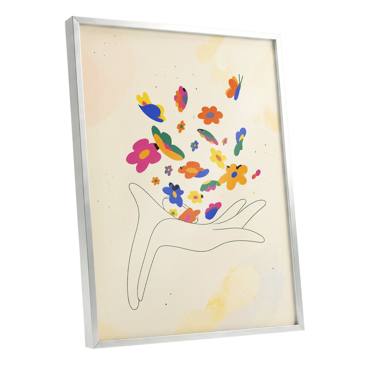 Petals in Flight, beige, pink, blue floral wall art shown as a silver framed poster wall art print