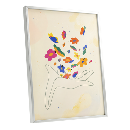 Petals in Flight, beige, pink, blue floral wall art shown as a silver framed poster wall art print