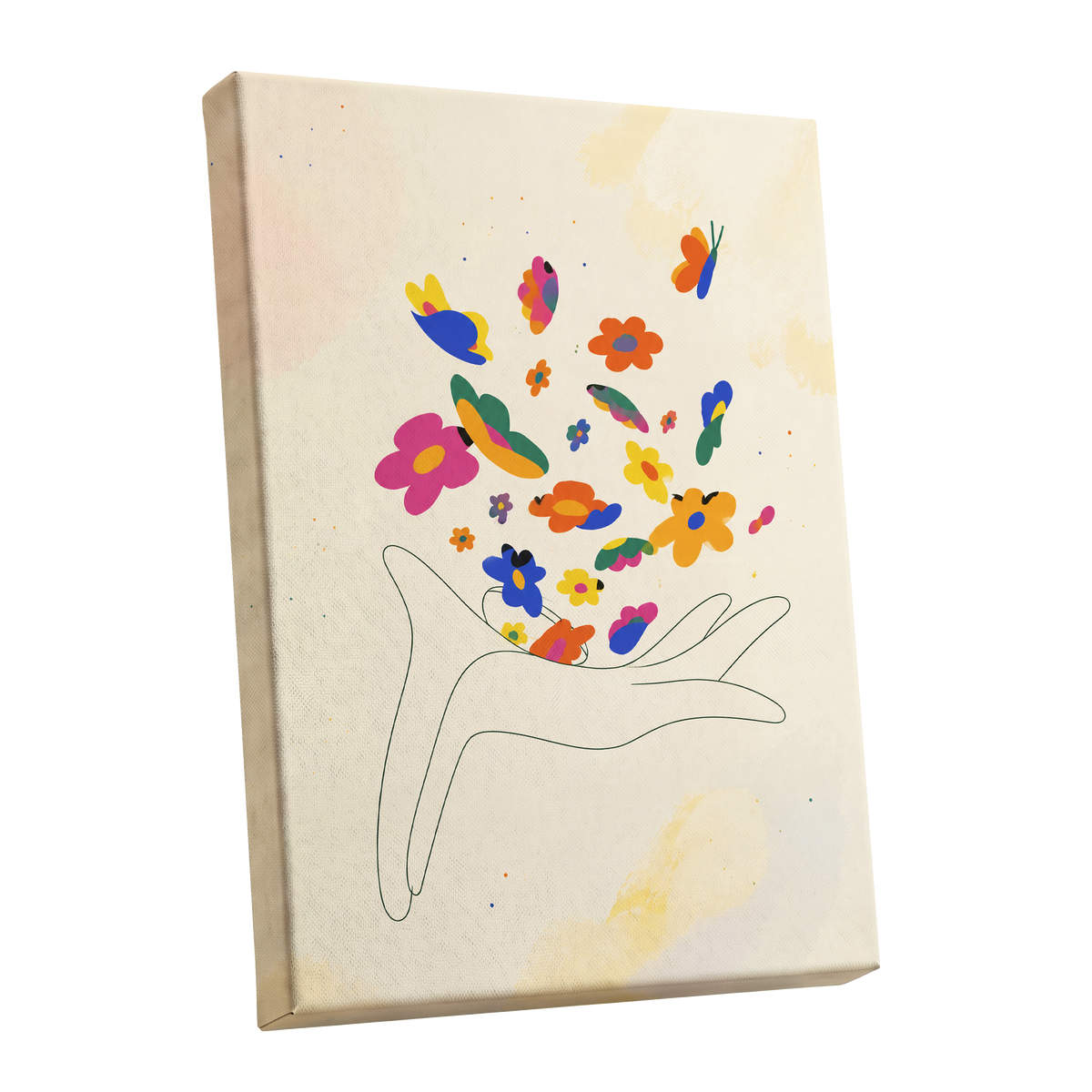 Petals in Flight, beige, pink, blue floral wall art shown as a stretched canvas wall art