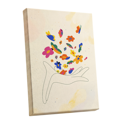 Petals in Flight, beige, pink, blue floral wall art shown as a stretched canvas wall art