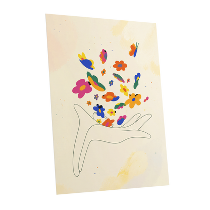 Petals in Flight, beige, pink, blue floral wall art shown as a unframed poster wall art print