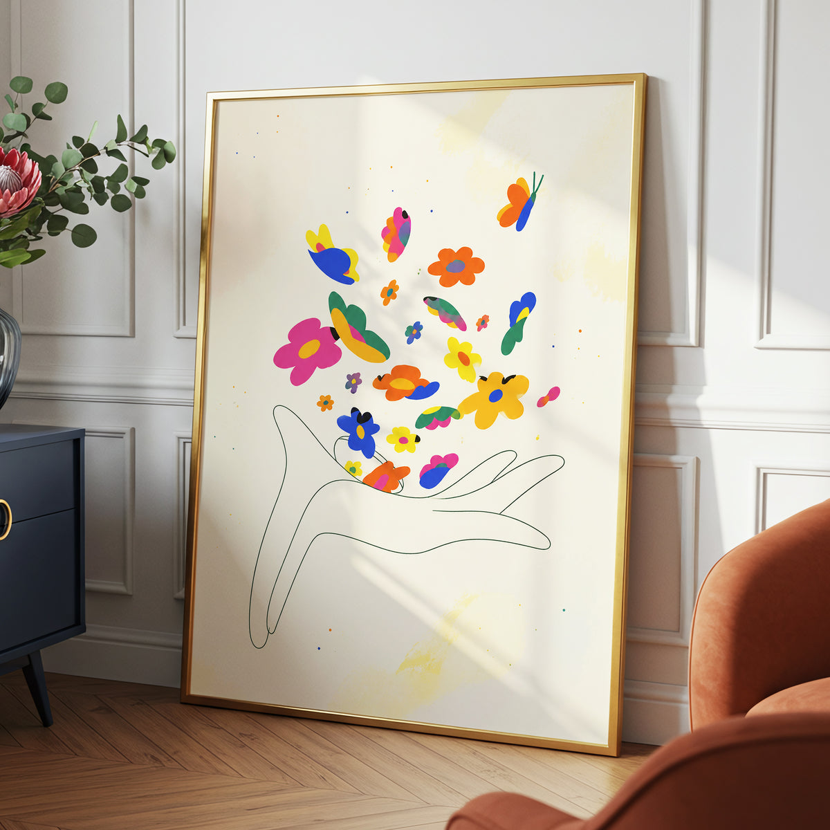 Petals in Flight, beige, pink, blue floral wall art displayed in a styled interior, gallery view 2