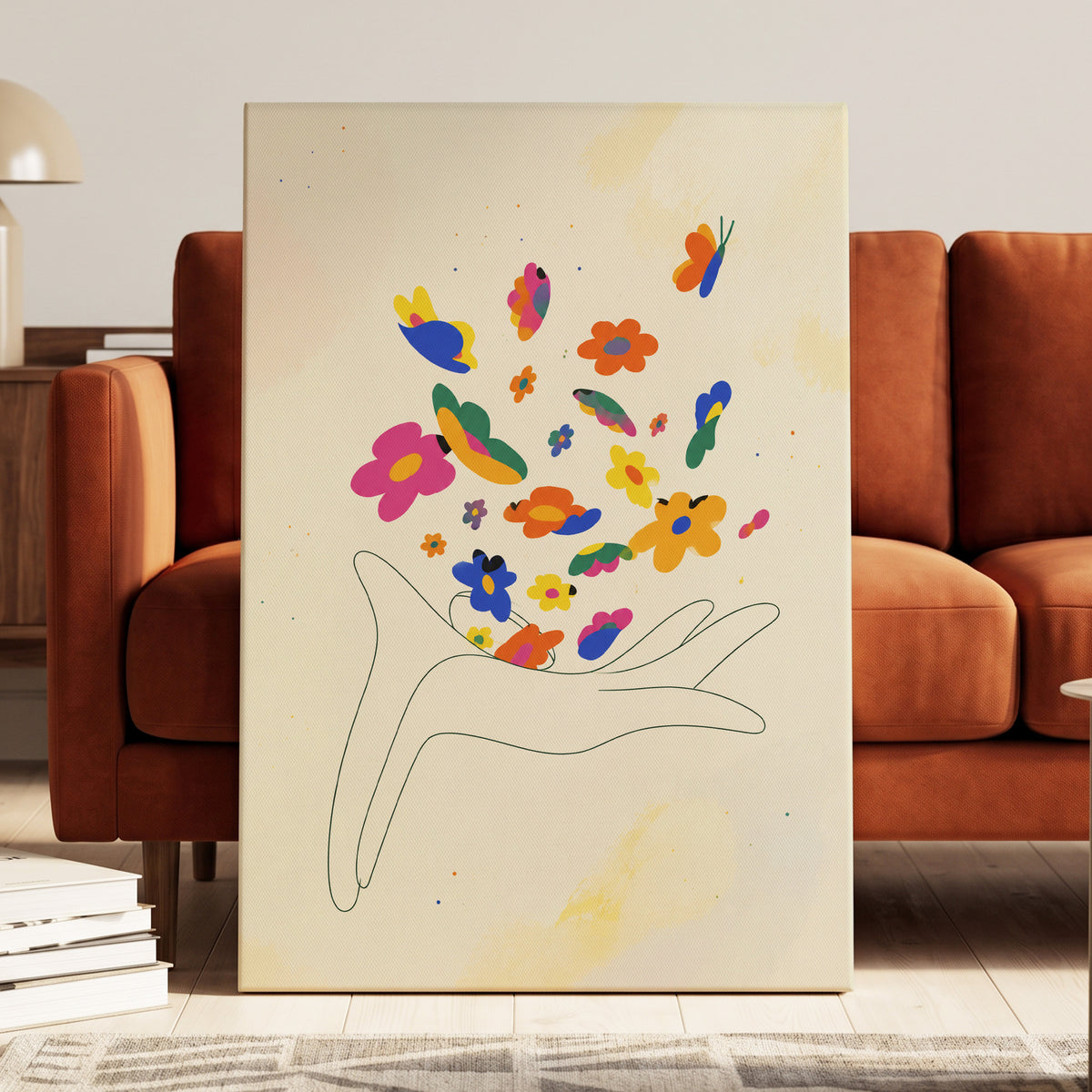 Petals in Flight, beige, pink, blue floral wall art displayed in a styled interior, gallery view 3