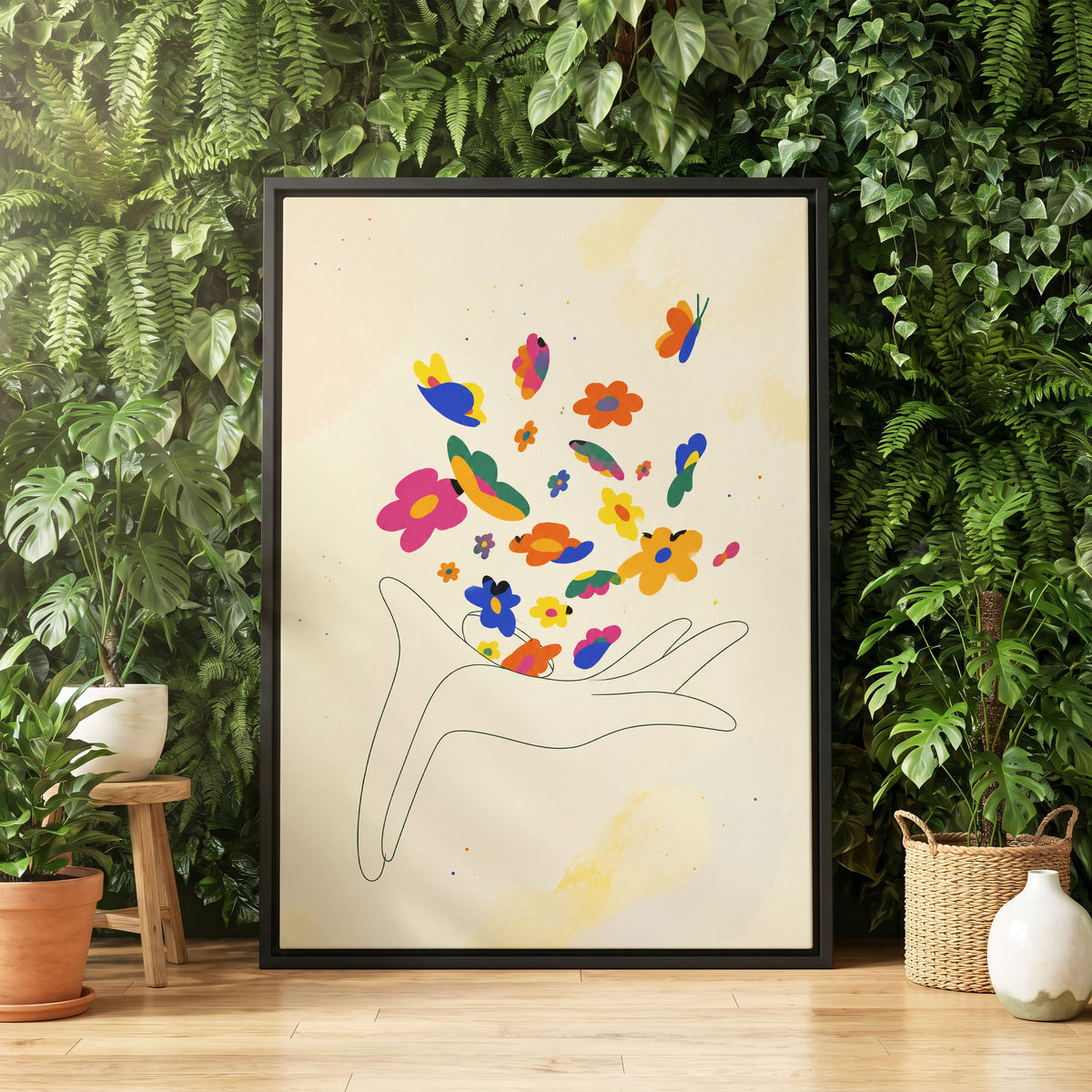 Petals in Flight, beige, pink, blue floral wall art displayed in a styled interior, gallery view 4