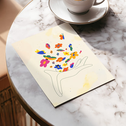 Petals in Flight, beige, pink, blue floral wall art displayed in a styled interior, gallery view 5