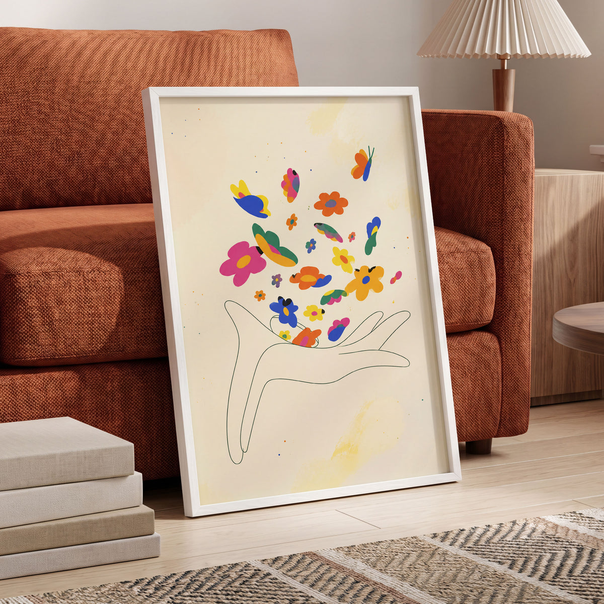 Petals in Flight, beige, pink, blue floral wall art displayed in a styled interior, gallery view 6