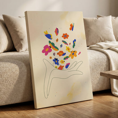 Petals in Flight, beige, pink, blue floral wall art displayed in a styled interior, gallery view 7