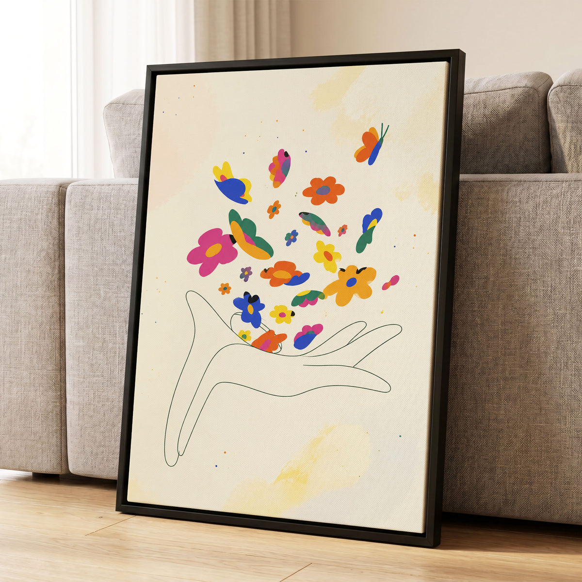 Petals in Flight, beige, pink, blue floral wall art displayed in a styled interior, gallery view 8