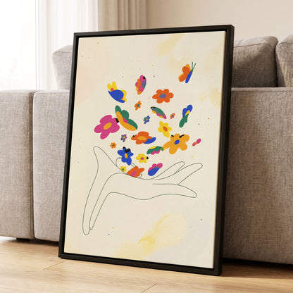 Petals in Flight, beige, pink, blue floral wall art displayed in a styled interior, gallery view 8