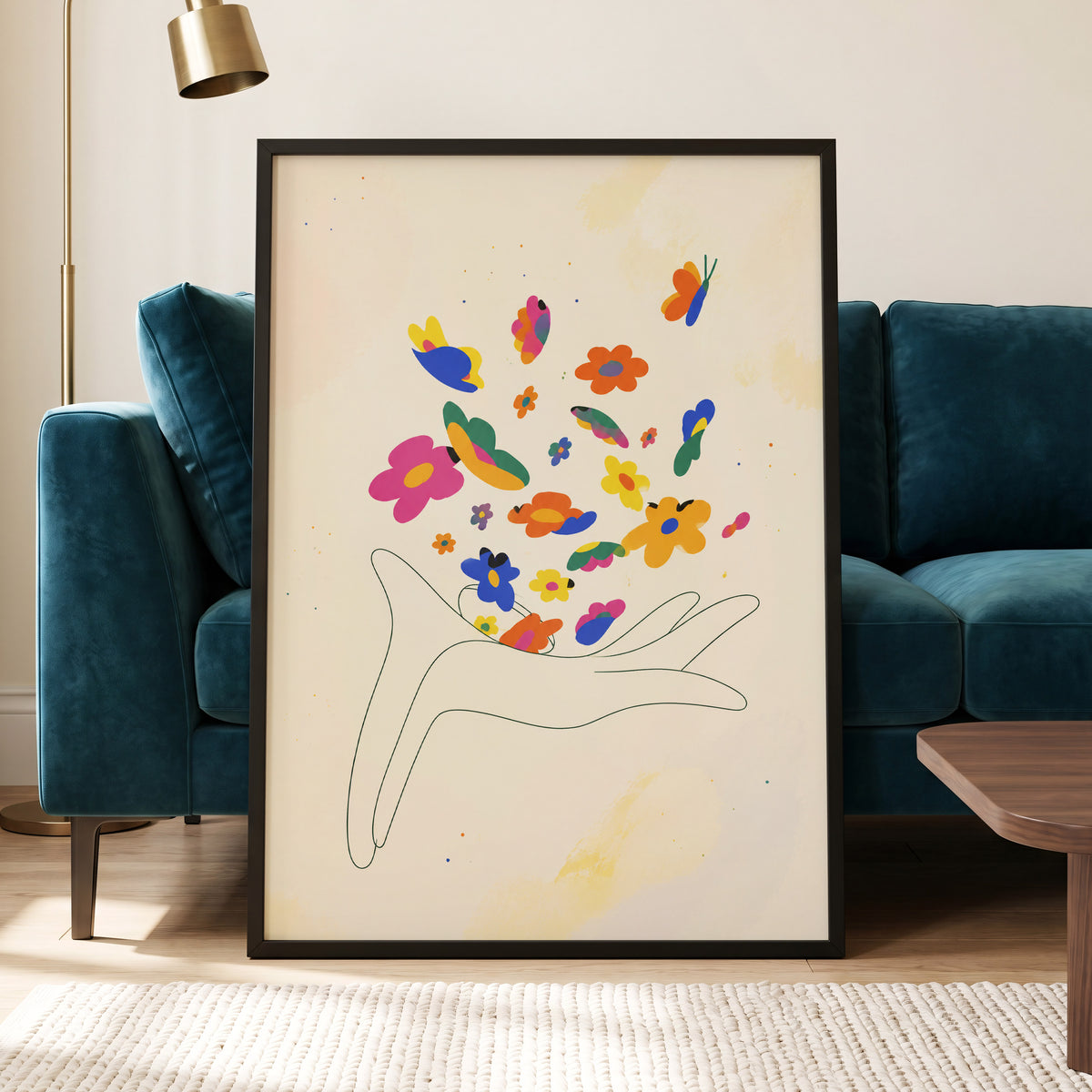 Petals in Flight, beige, pink, blue floral wall art displayed in a styled interior, gallery view 9