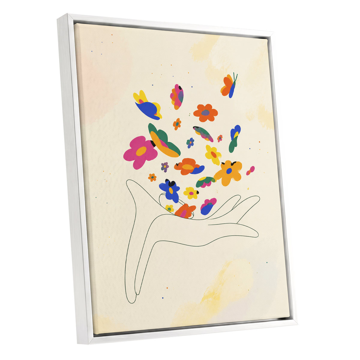 Petals in Flight, beige, pink, blue floral wall art shown as a white framed canvas wall art