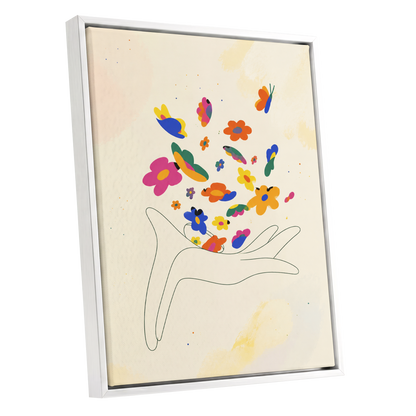 Petals in Flight, beige, pink, blue floral wall art shown as a white framed canvas wall art