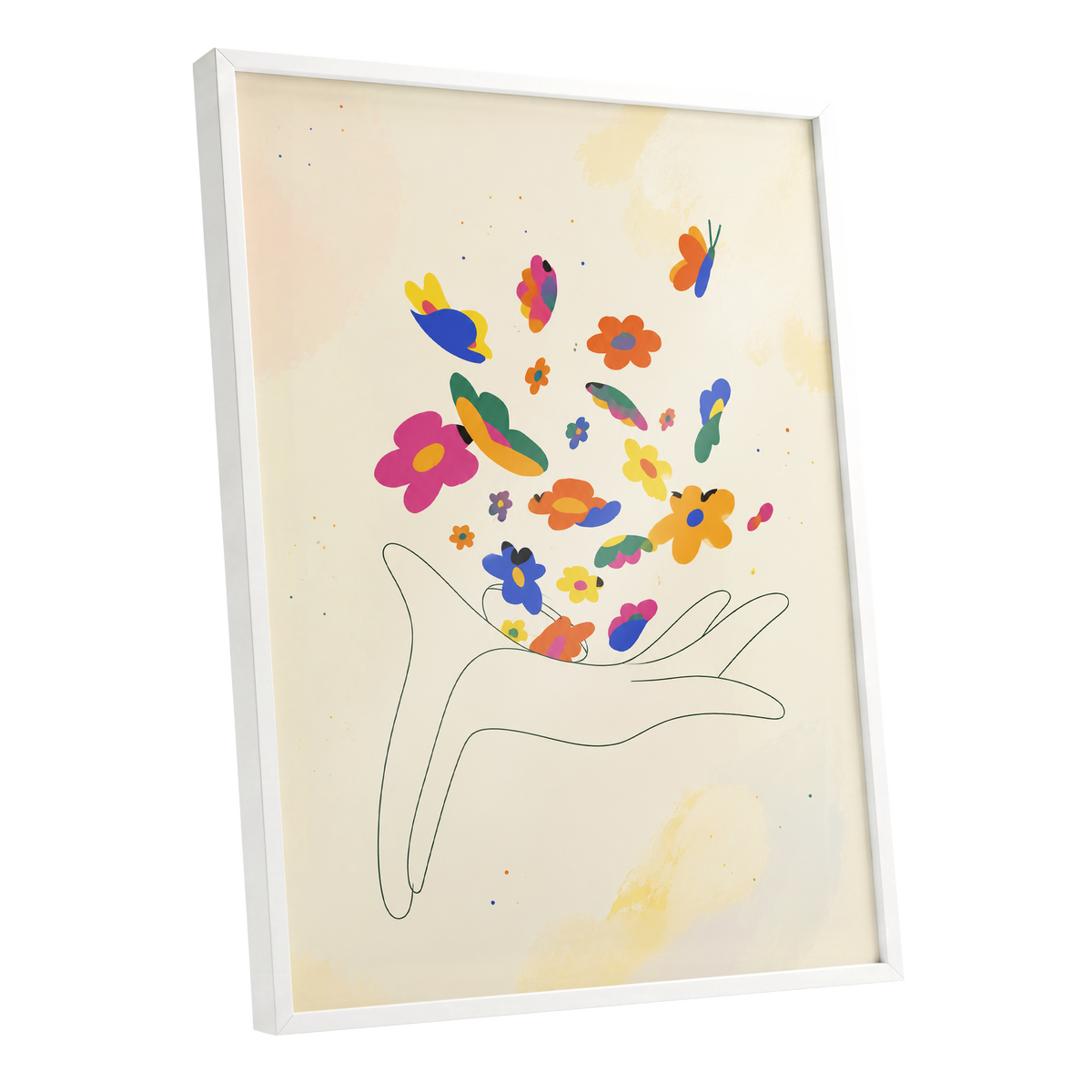 Petals in Flight, beige, pink, blue floral wall art shown as a white framed poster wall art print