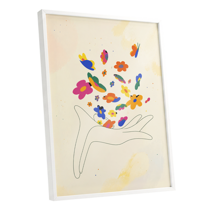 Petals in Flight, beige, pink, blue floral wall art shown as a white framed poster wall art print