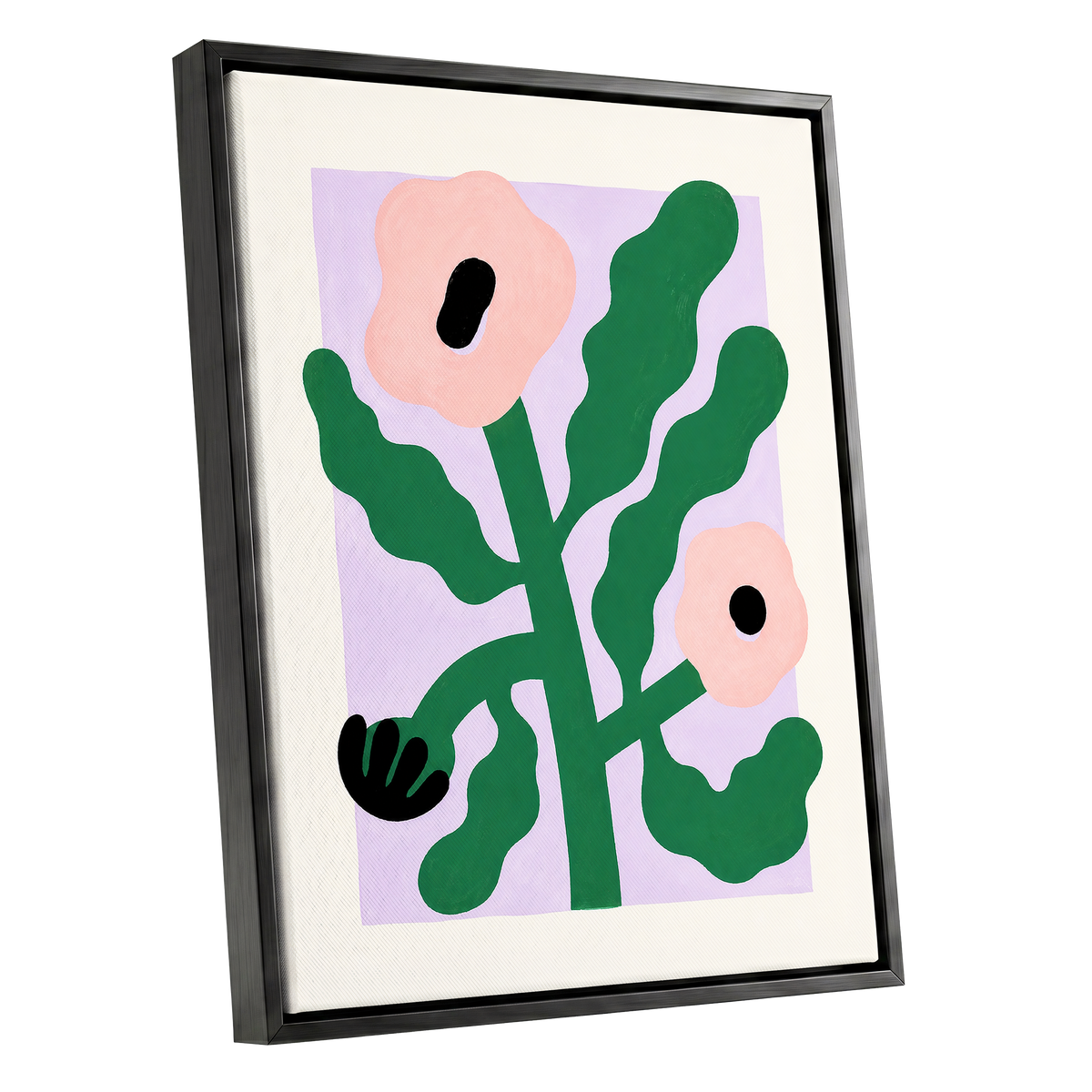 Petals in Lilac, green, pink, purple floral wall art shown as a black framed canvas wall art