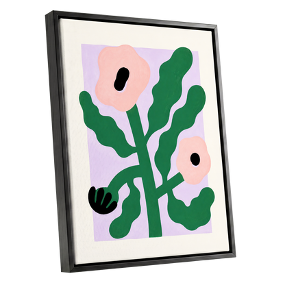 Petals in Lilac, green, pink, purple floral wall art shown as a black framed canvas wall art