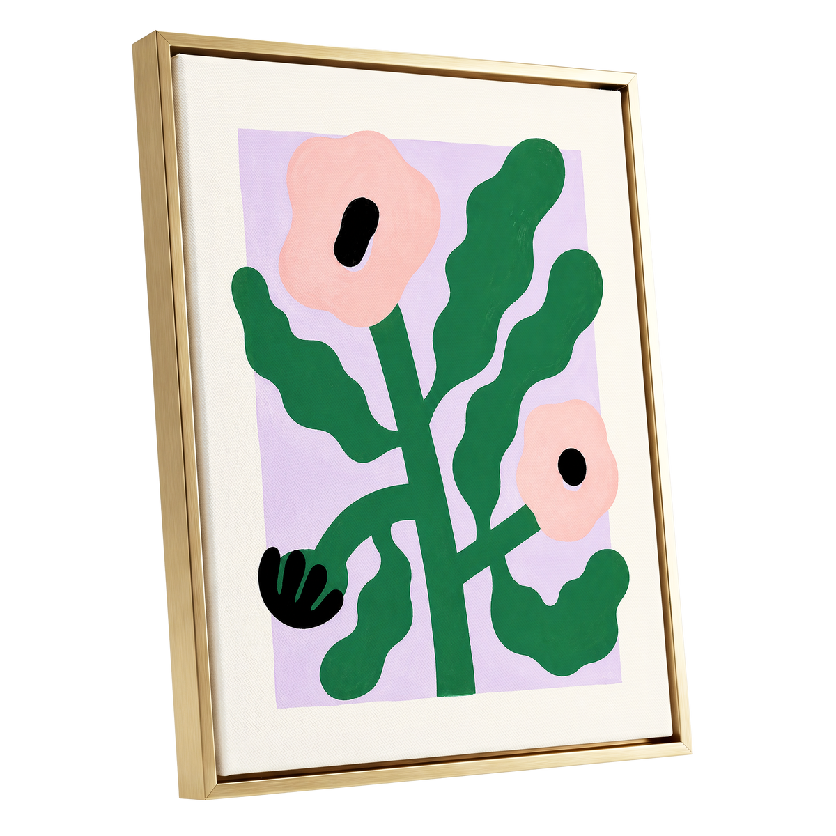Petals in Lilac, green, pink, purple floral wall art shown as a gold framed canvas wall art