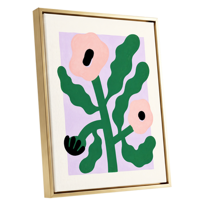 Petals in Lilac, green, pink, purple floral wall art shown as a gold framed canvas wall art