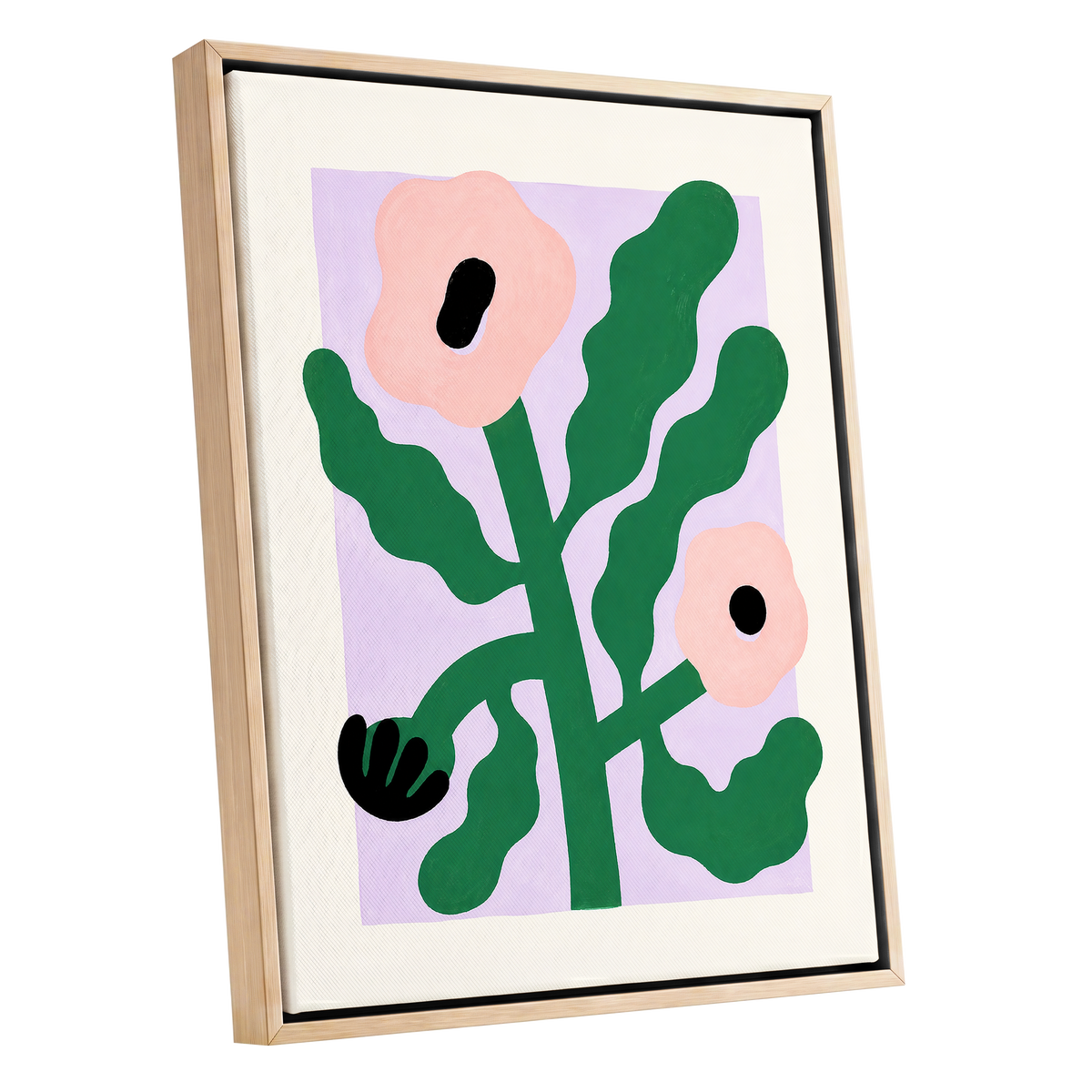 Petals in Lilac, green, pink, purple floral wall art shown as a oak framed canvas wall art
