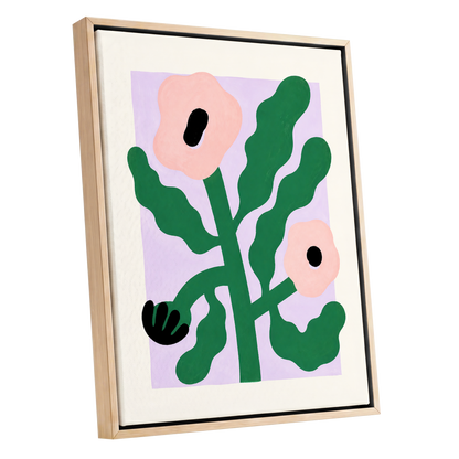 Petals in Lilac, green, pink, purple floral wall art shown as a oak framed canvas wall art