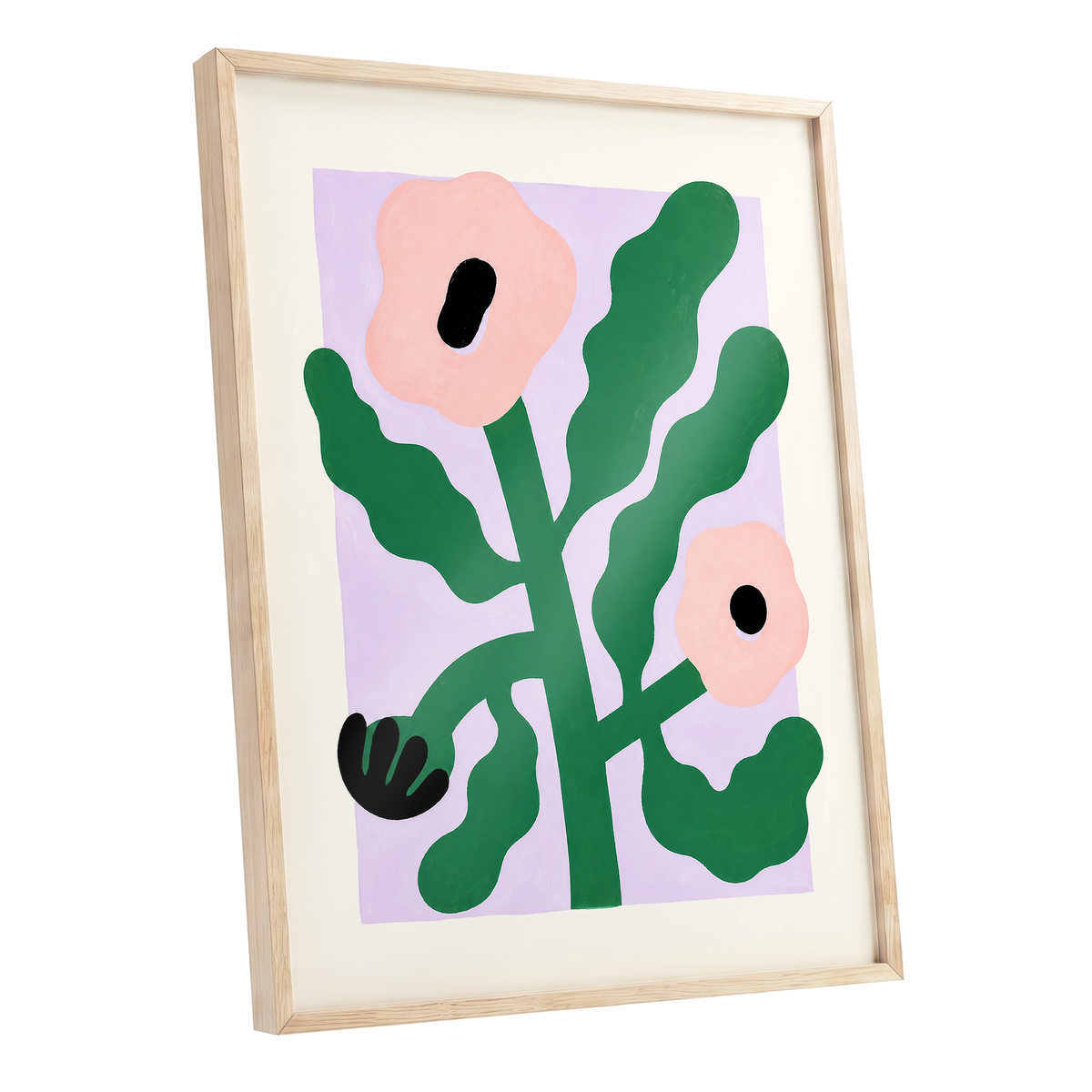 Petals in Lilac, green, pink, purple floral wall art shown as a oak framed poster wall art print