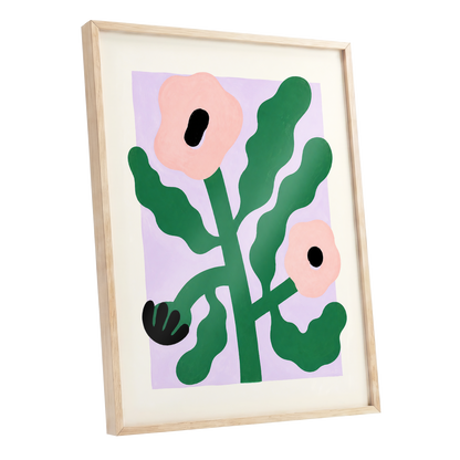 Petals in Lilac, green, pink, purple floral wall art shown as a oak framed poster wall art print