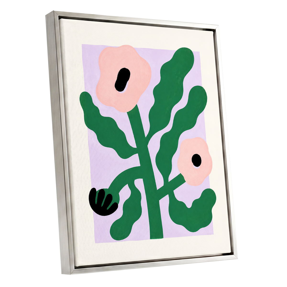 Petals in Lilac, green, pink, purple floral wall art shown as a silver framed canvas wall art
