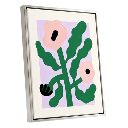 Petals in Lilac, green, pink, purple floral wall art shown as a silver framed canvas wall art