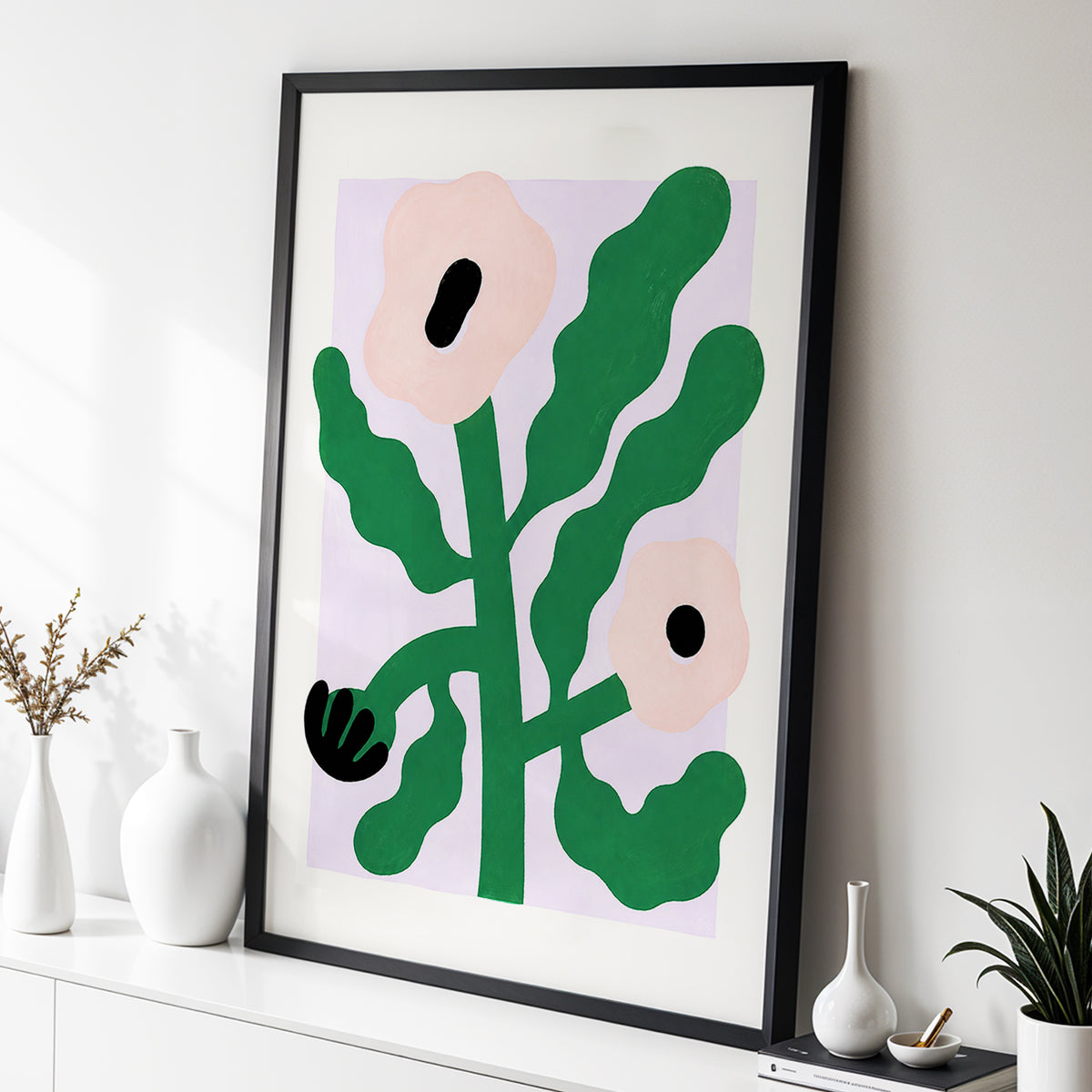 Petals in Lilac, green, pink, purple floral wall art displayed in a styled interior, gallery view 2