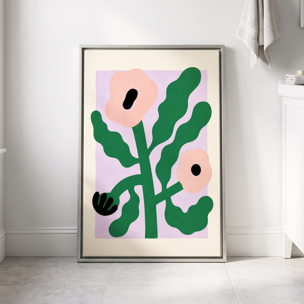 Petals in Lilac, green, pink, purple floral wall art displayed in a styled interior, gallery view 4