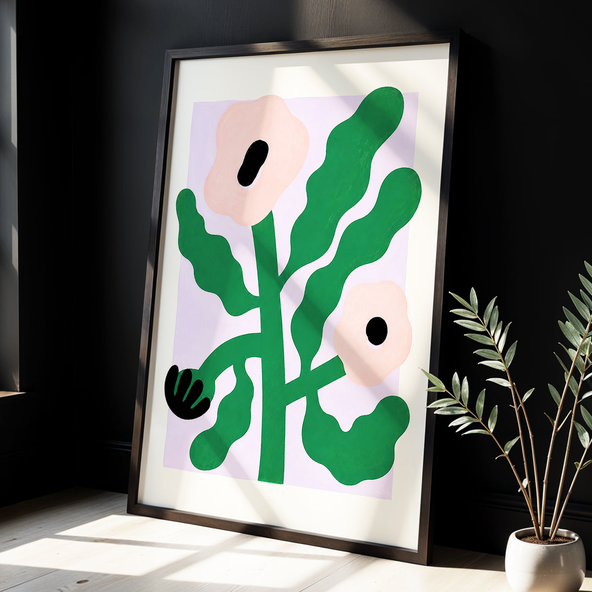 Petals in Lilac, green, pink, purple floral wall art displayed in a styled interior, gallery view 6