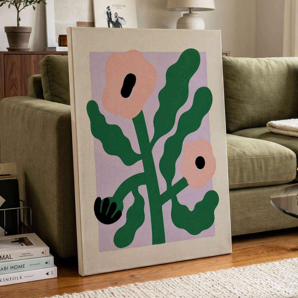 Petals in Lilac, green, pink, purple floral wall art displayed in a styled interior, gallery view 7