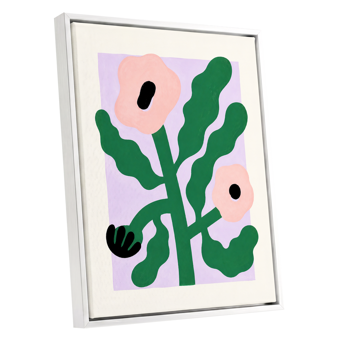 Petals in Lilac, green, pink, purple floral wall art shown as a white framed canvas wall art