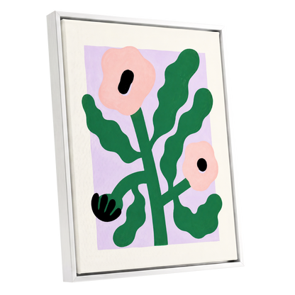 Petals in Lilac, green, pink, purple floral wall art shown as a white framed canvas wall art