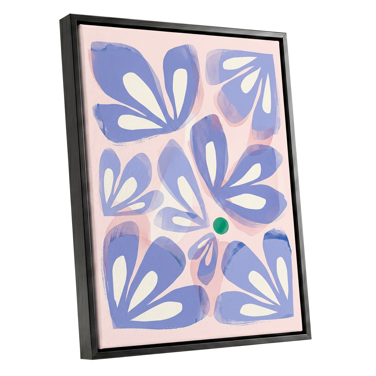 Petals in Periwinkle, blue, pink, white floral wall art shown as a black framed canvas wall art