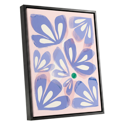 Petals in Periwinkle, blue, pink, white floral wall art shown as a black framed canvas wall art