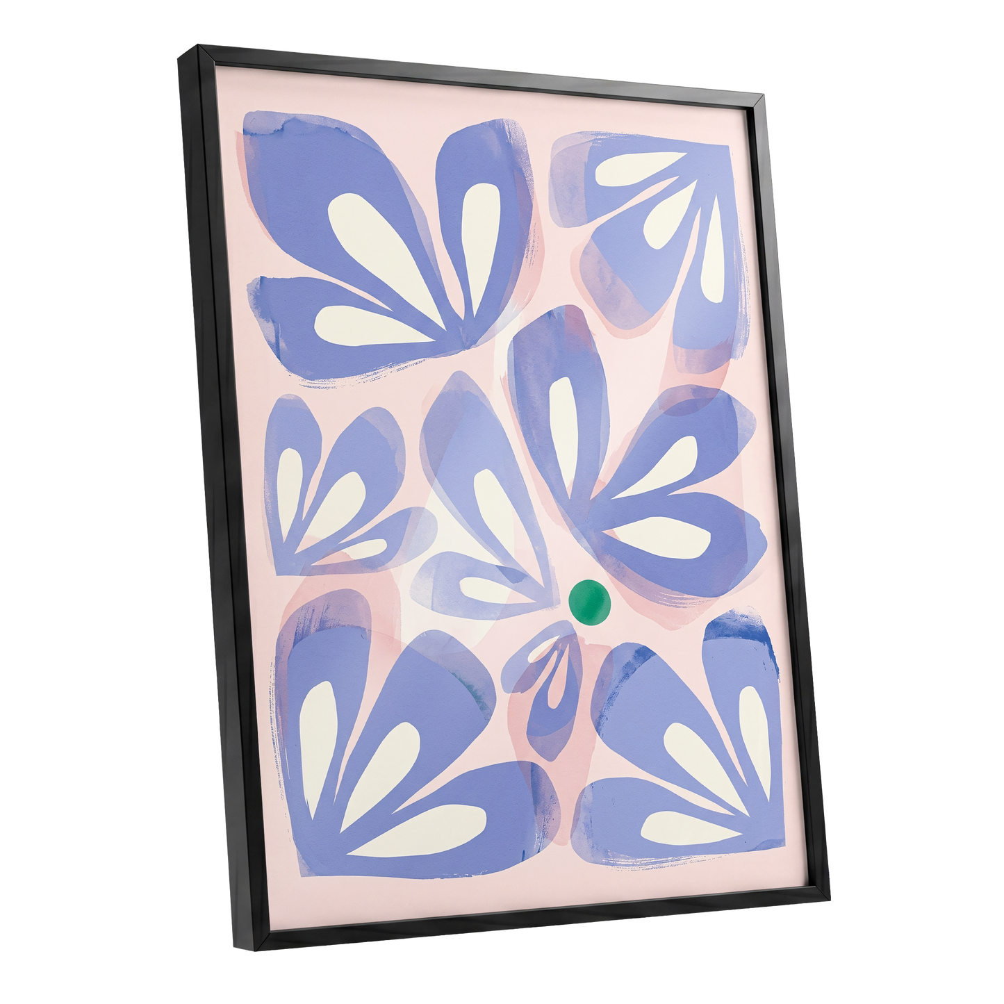 Petals in Periwinkle, blue, pink, white floral wall art shown as a black framed poster wall art print