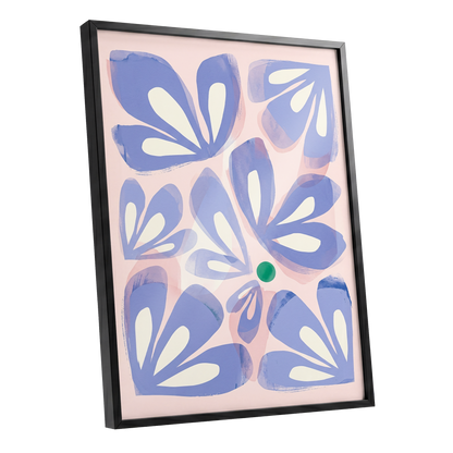 Petals in Periwinkle, blue, pink, white floral wall art shown as a black framed poster wall art print