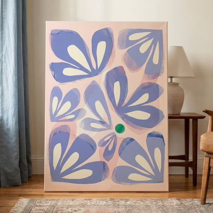 Petals in Periwinkle, blue, pink, white floral wall art on canvas displayed in a styled interior, gallery view 1