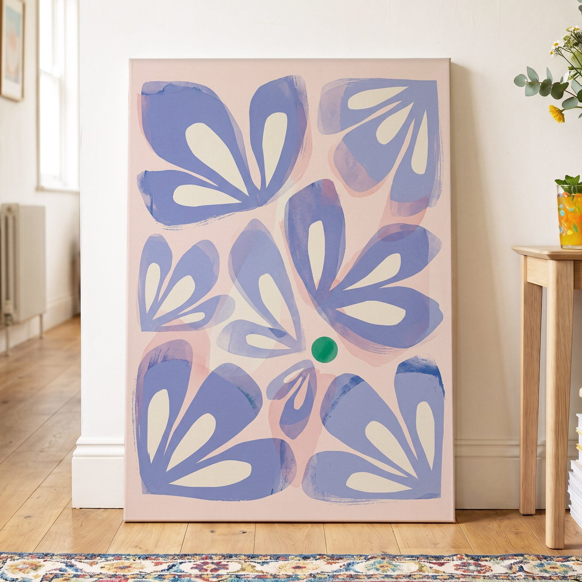 Petals in Periwinkle, blue, pink, white floral wall art on canvas displayed in a styled interior, gallery view 2